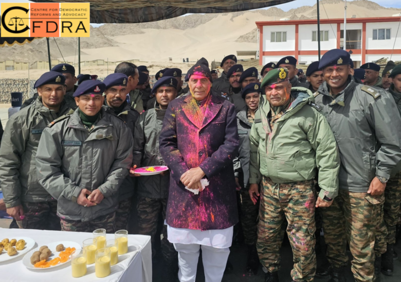 Defence minister Rajnath Singh celebrates Holi with army personnel in Leh